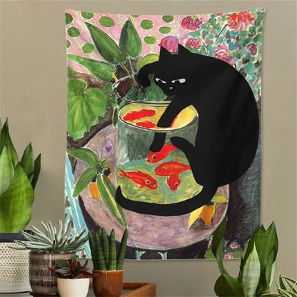 Curious kitty tapestry with cat and goldfish design

