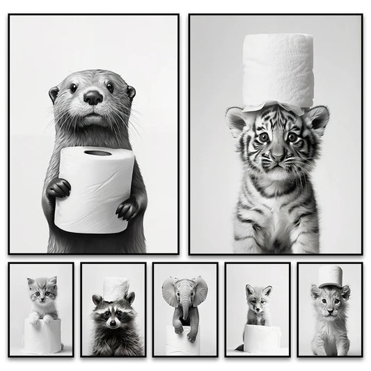 Cute animal toilet paper bathroom wall art with otter cat and tiger design


