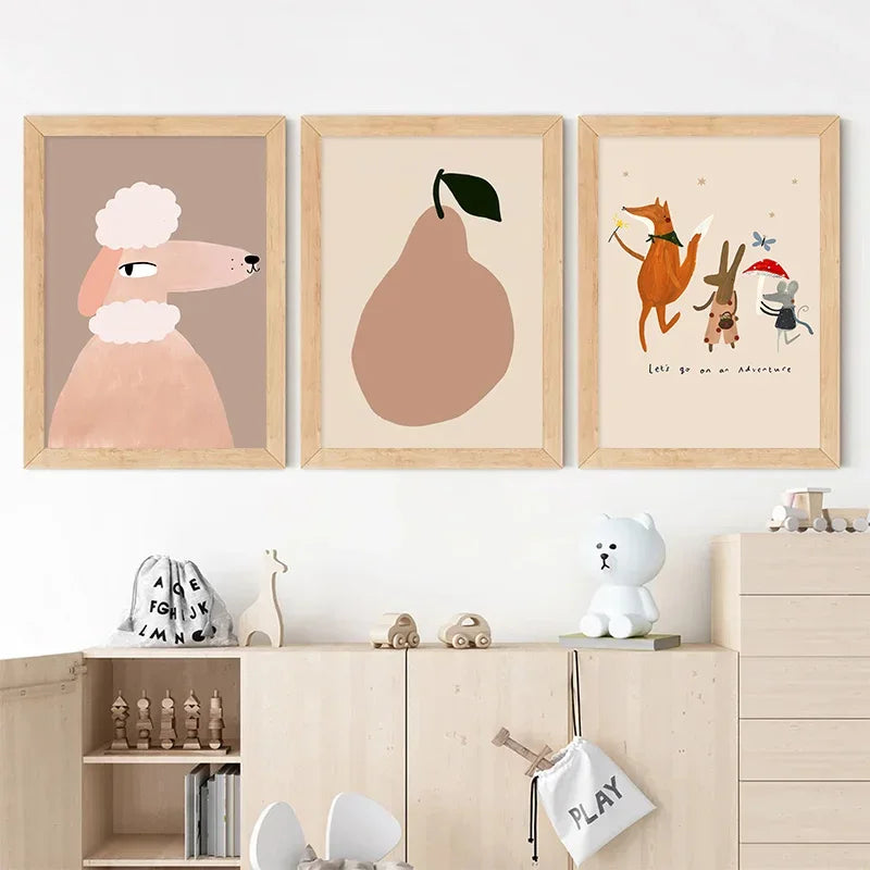 Cute animal poster for children’s bedroom featuring dog rabbit and goose

