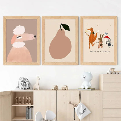 Cute animal poster for children’s bedroom featuring dog rabbit and goose

