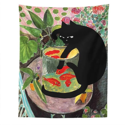Cat watching goldfish wall art for dorm room decor

