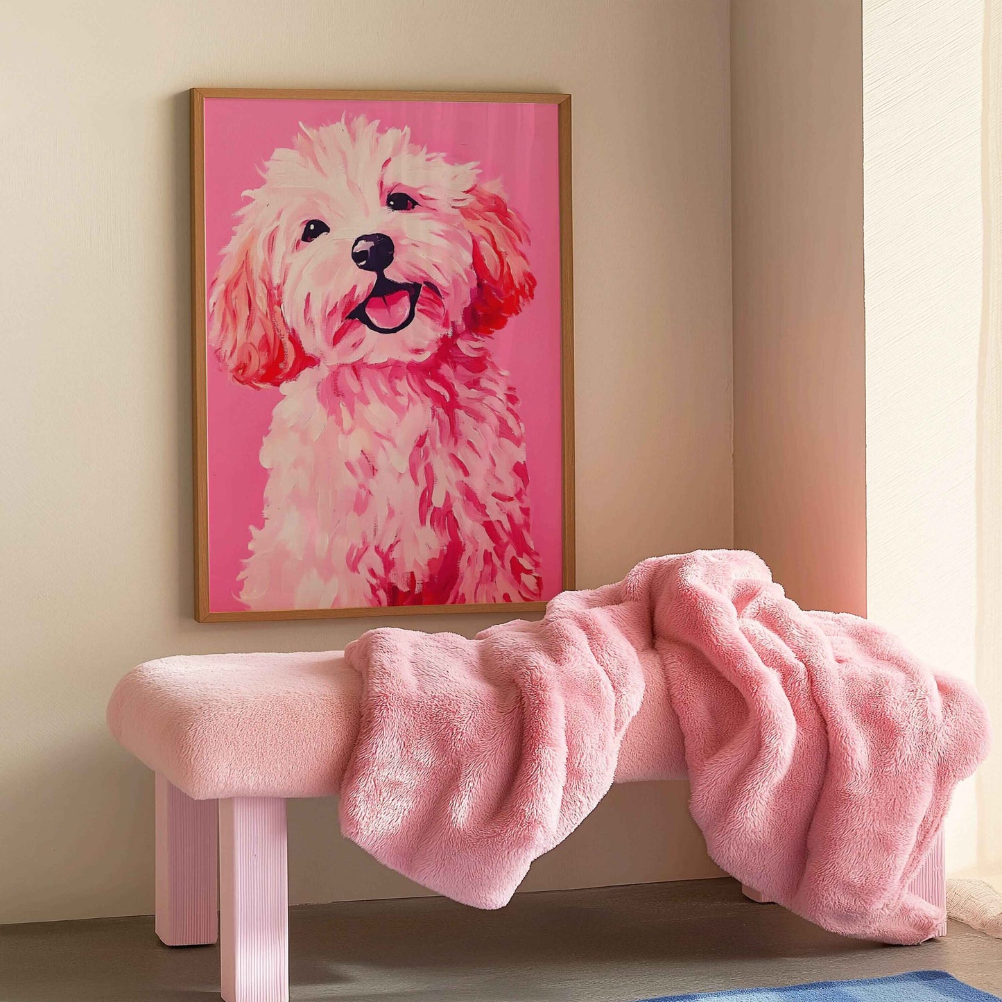 Shaggy dog print for quirky living room art, cute pet wall decor, and playful interior decoration.	