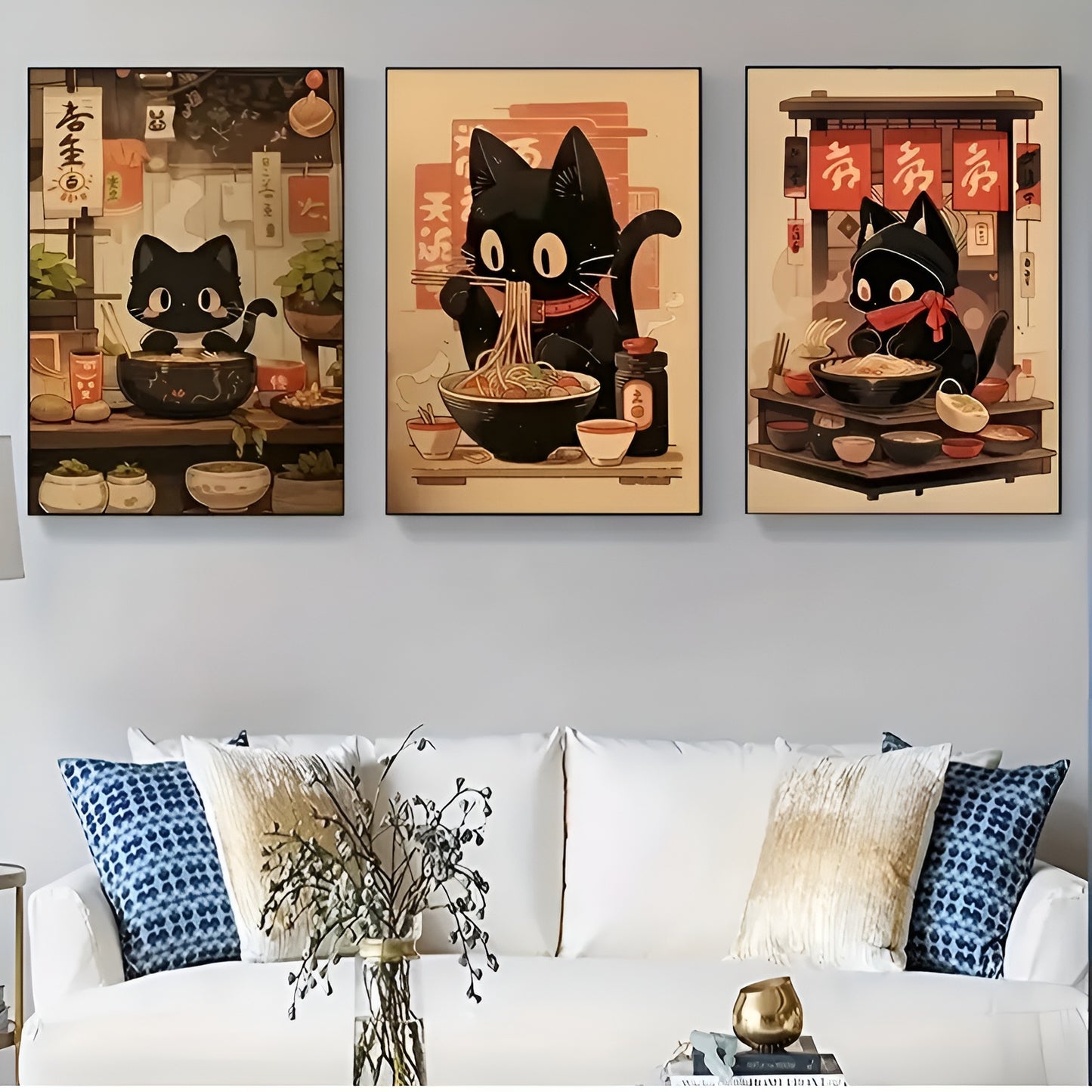 Cute Japanese black cat noodle canvas prints for bedroom and office walls
