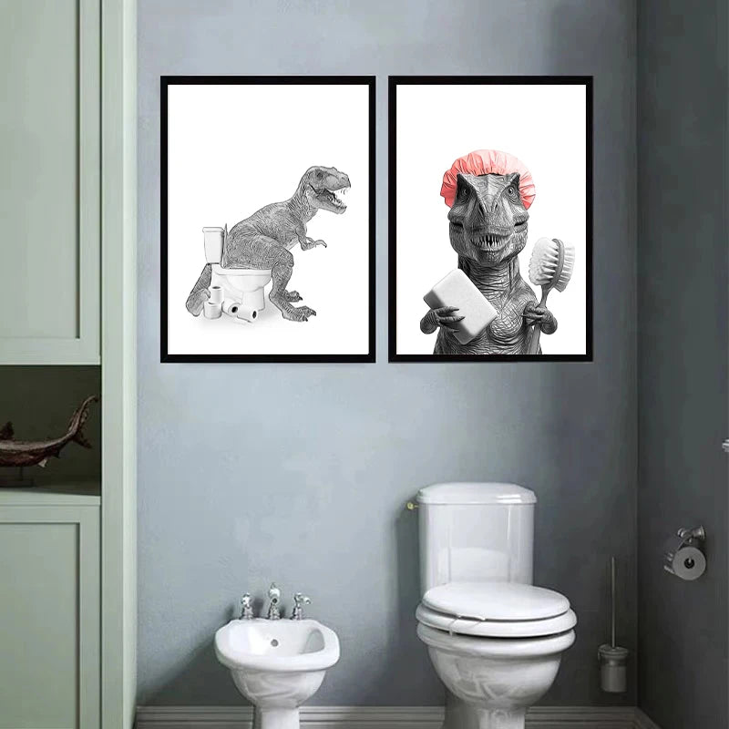 Cute and quirky canvas print for bathroom with animals and toilet paper.
