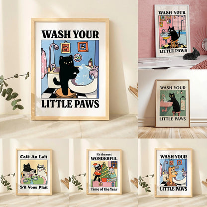 Cute wash paws cat canvas print for bathroom and nursery wall art

