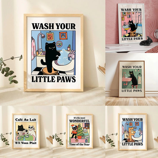 Cute wash paws cat canvas print for bathroom and nursery wall art

