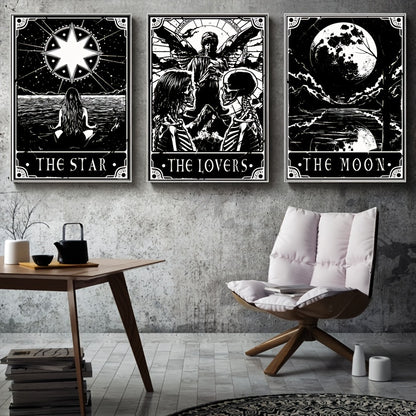 Dark tarot card wall art set for gothic bedroom decor
