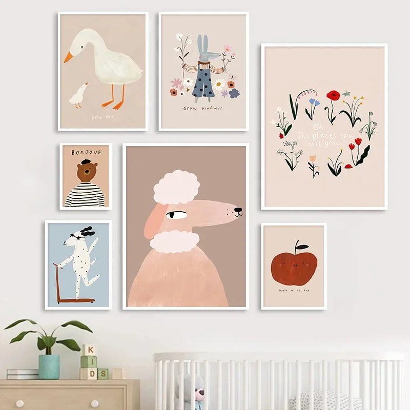 Goose and wildflower illustration canvas print for baby nursery wall

