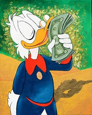 Donald Duck canvas painting with love money slogan for trendy home decor

