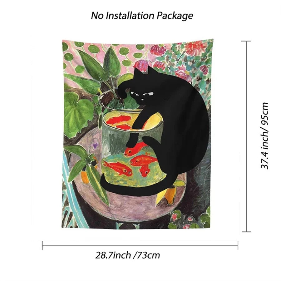 Playful cat and goldfish aesthetic tapestry for gifts

