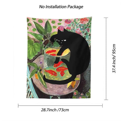 Playful cat and goldfish aesthetic tapestry for gifts


