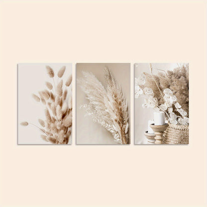 Aesthetic pampas grass wall art set in earthy beige and brown tones
