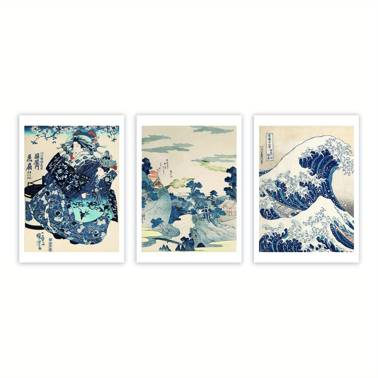 Iconic Japanese ukiyo-e wave artwork set for stylish interior design
