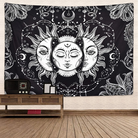 Large fantasy mandala flower tapestry with mystical eyes and sunlit background

