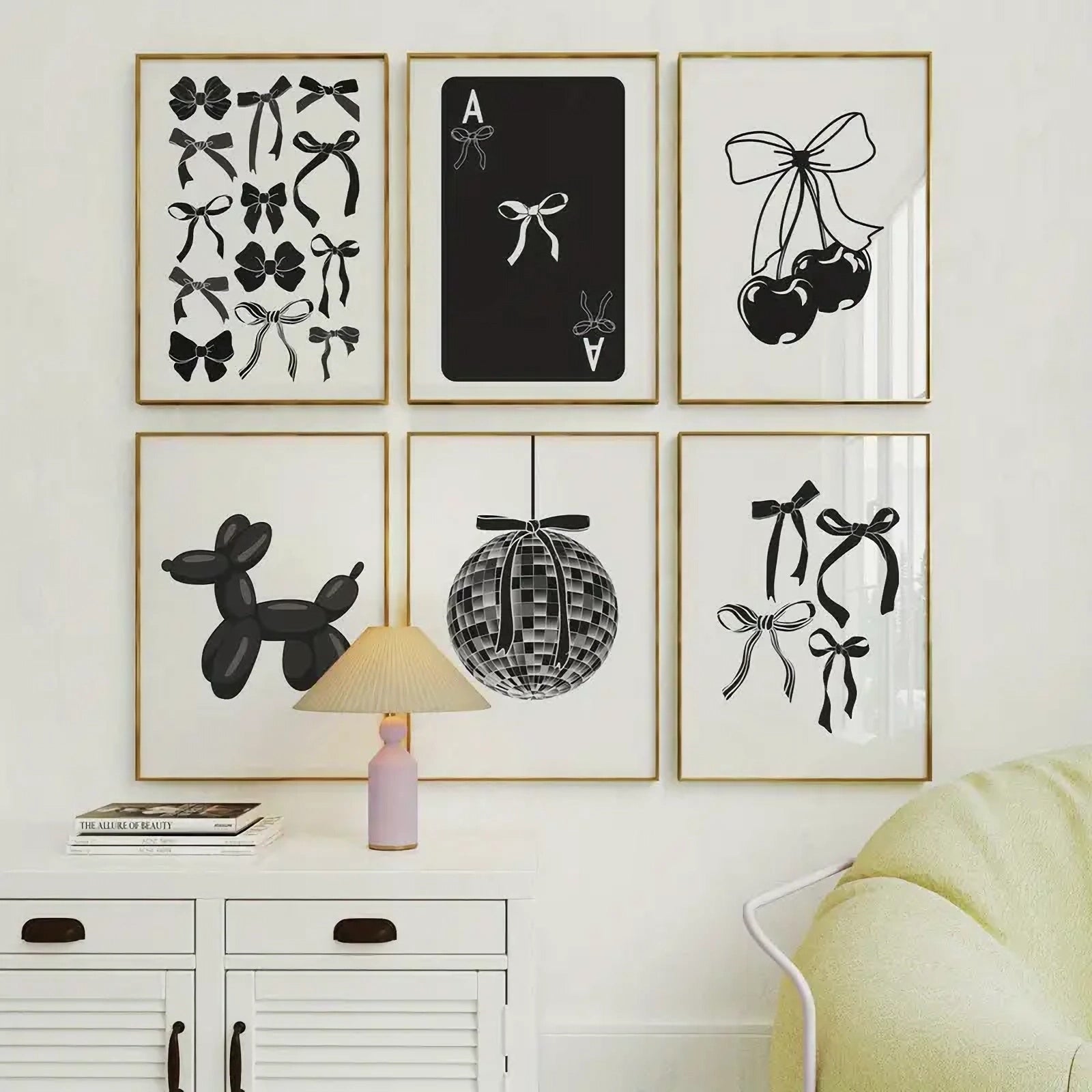 Set of 6 black and white fashion bowknot wall art posters in modern classic style
