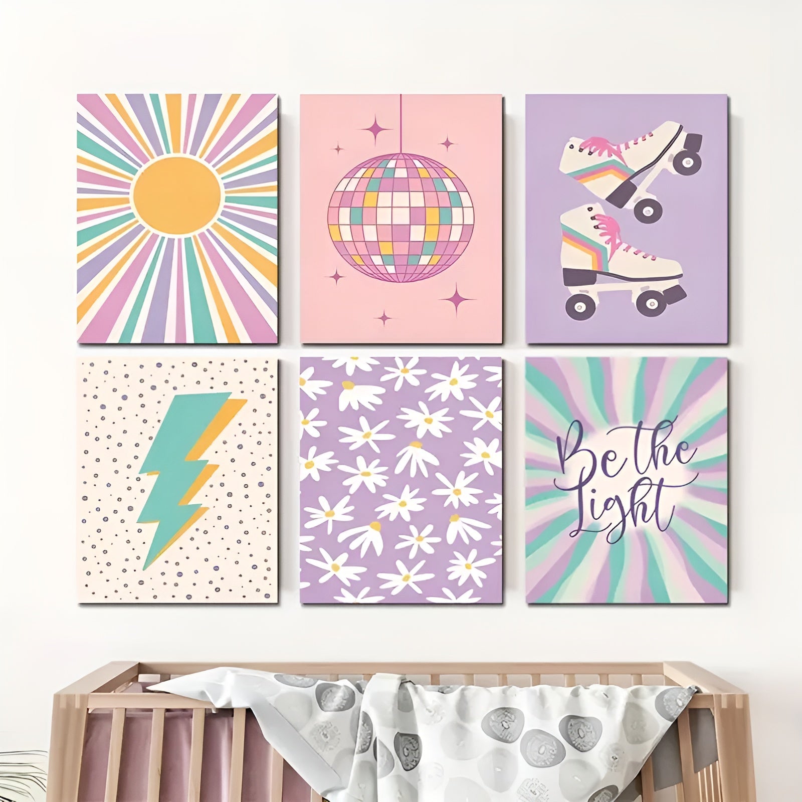 Frameless preppy poster set with art deco flair, perfect for creative kids' room or trendy home decor
