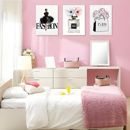 Set of 4 fashion-inspired unframed wall art prints for modern and feminine interiors
