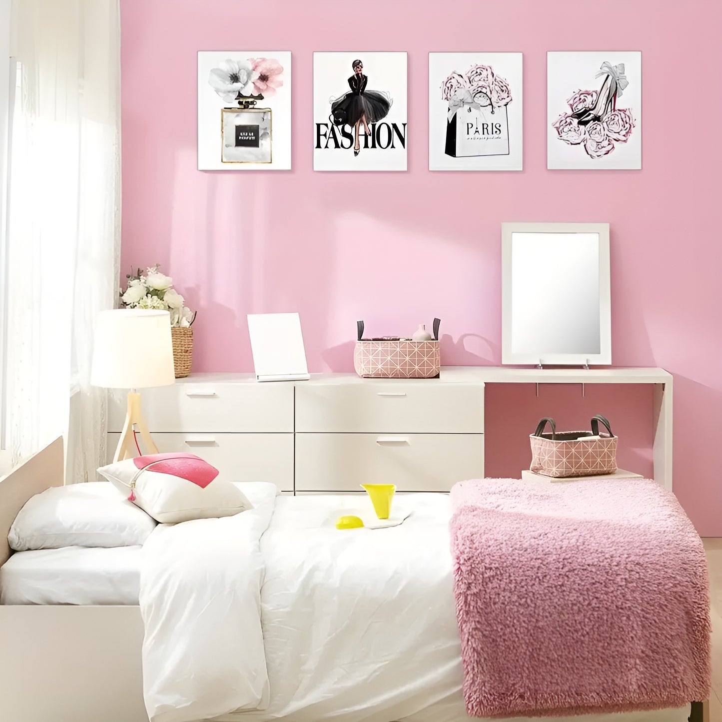 Fashion-themed wall art set with floral and high heel illustrations for chic female bedroom decor
