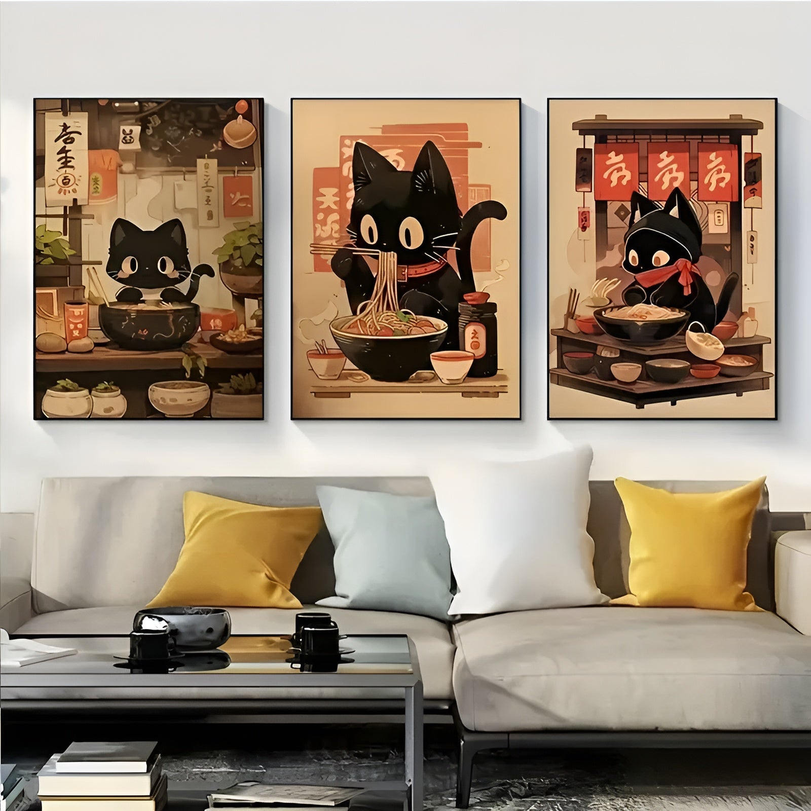 Frameless black cat noodle artwork for anime and cat lovers' room decor
