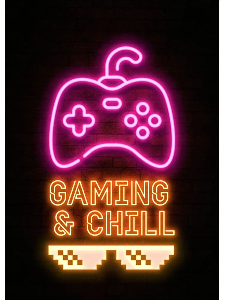 Fun neon gaming zone print for boys' room or office
