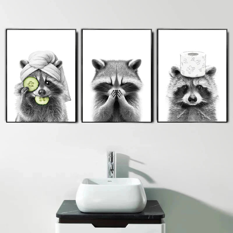 Fun and playful animals poster for bathroom decoration.
