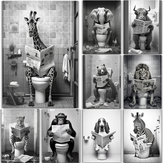Funny animal wall art of dog reading newspaper on toilet for bathroom decor

