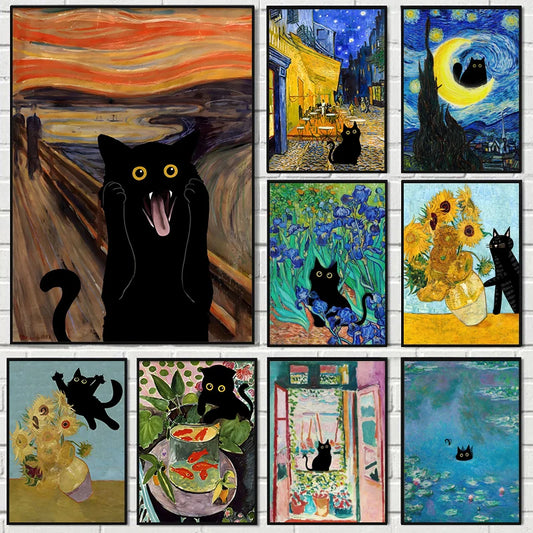 Funny art canvas featuring black cat with Matisse Monet and Van Gogh sunflowers painting style