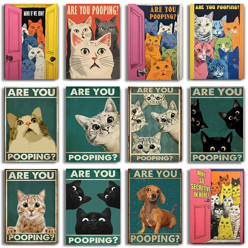 Funny black cat bathroom wall art with "Are You Pooping?" text
