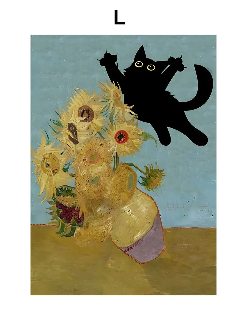 Funny black cat wall art featuring iconic Van Gogh sunflowers and Matisse Monet styles
