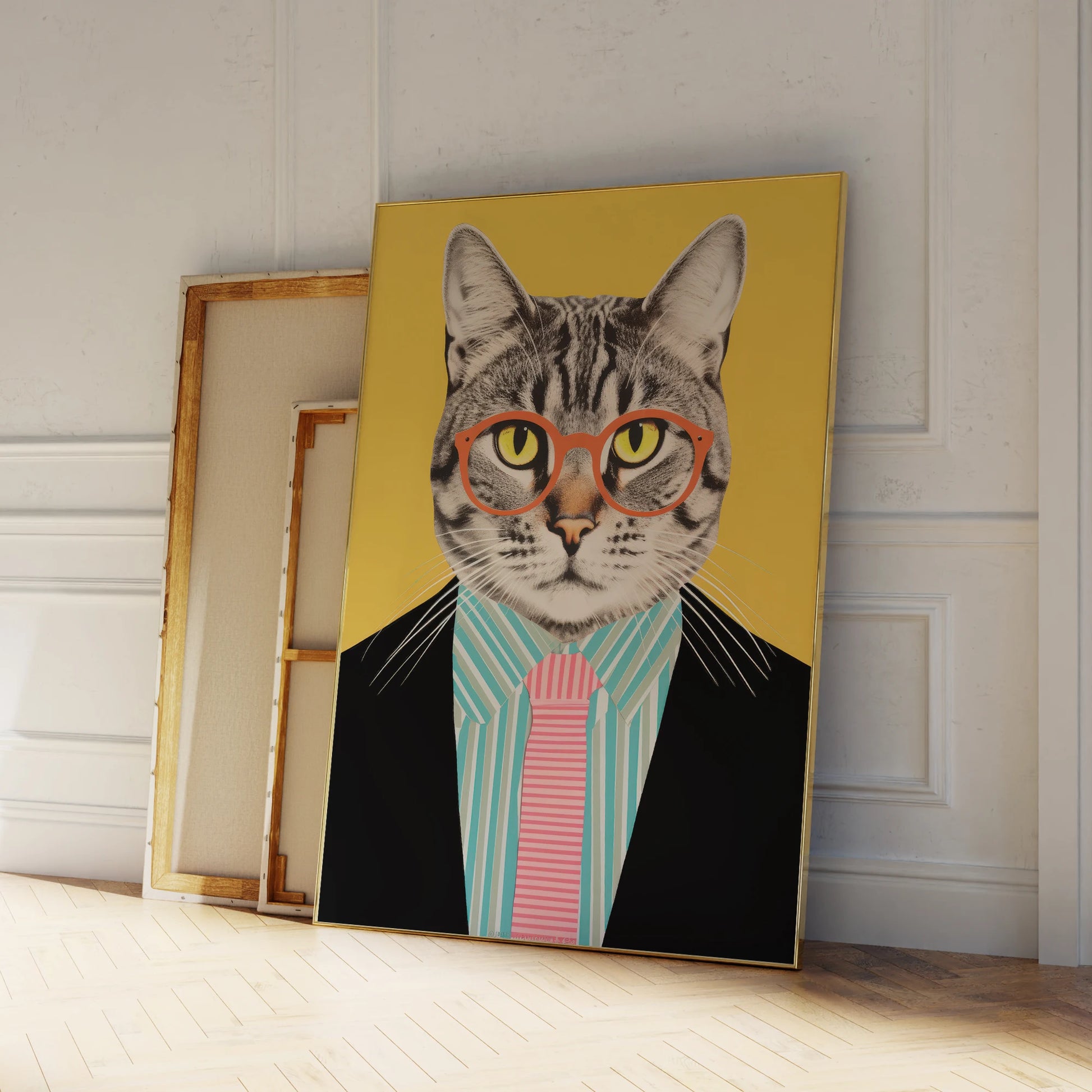 Funny cat in yellow suit dancing wall art for living room

