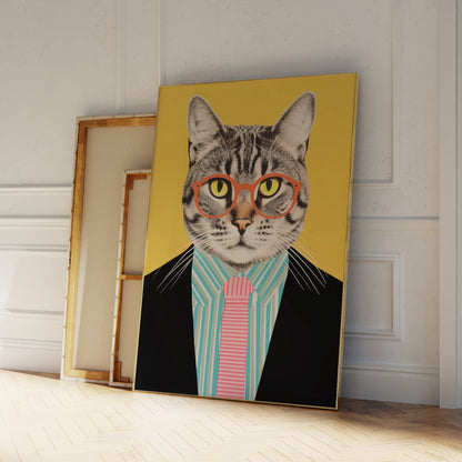Funny cat in yellow suit dancing wall art for living room

