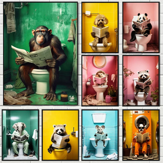 Funny chimpanzee elephant panda animal canvas wall art for bathroom decor

