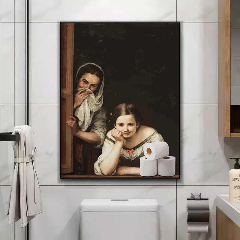 Funny vintage art-inspired bathroom canvas print for home decor
