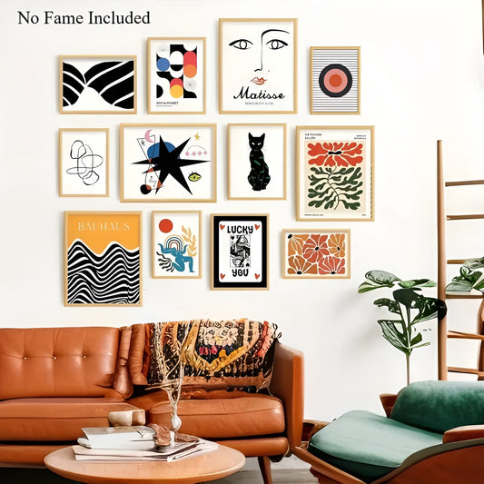 Set of 12 eclectic art prints with floral, geometric, and vintage designs for wall decor
