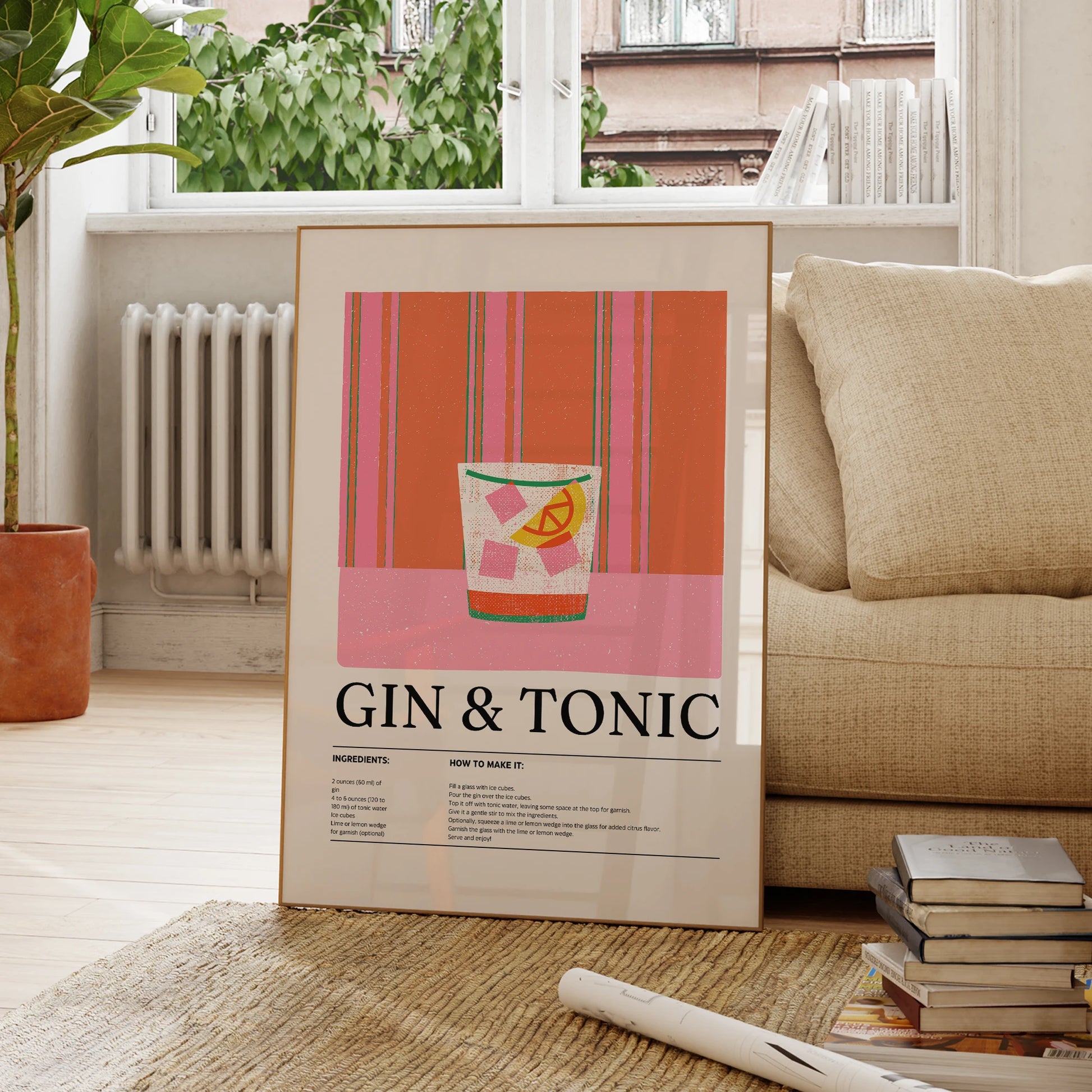 Minimalist alcohol-themed wall art gin and tonic illustration

