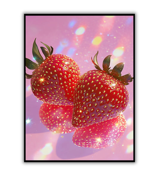 Vibrant Glistening Strawberries poster for kitchen wall decor.