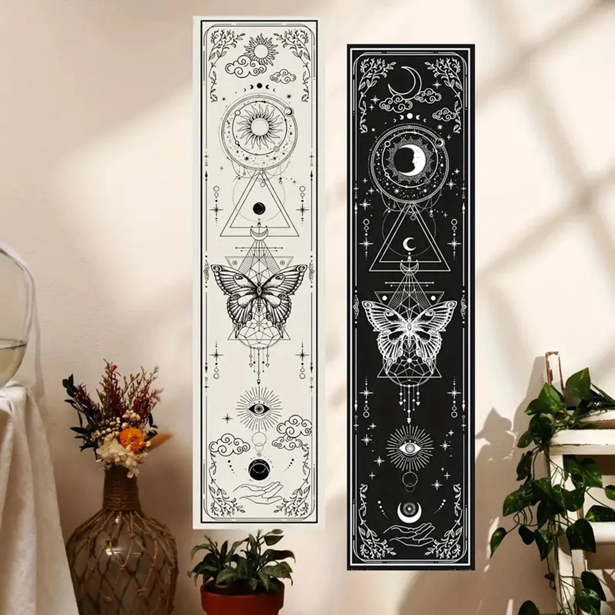Gothic sun and moon tapestry with butterfly design for bedroom wall decor

