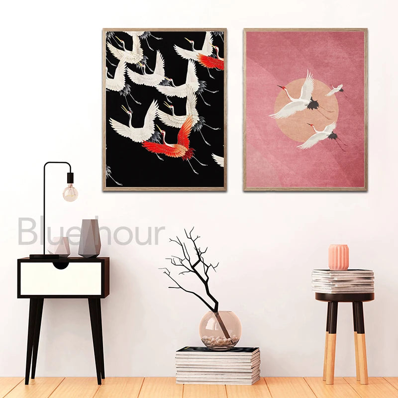 Coastal themed wall picture with Japanese crane painting


