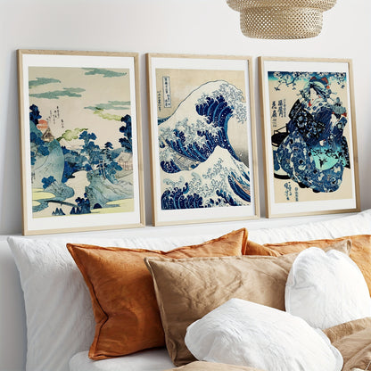 Three-piece Hokusai Great Wave woodblock art poster set for home decor
