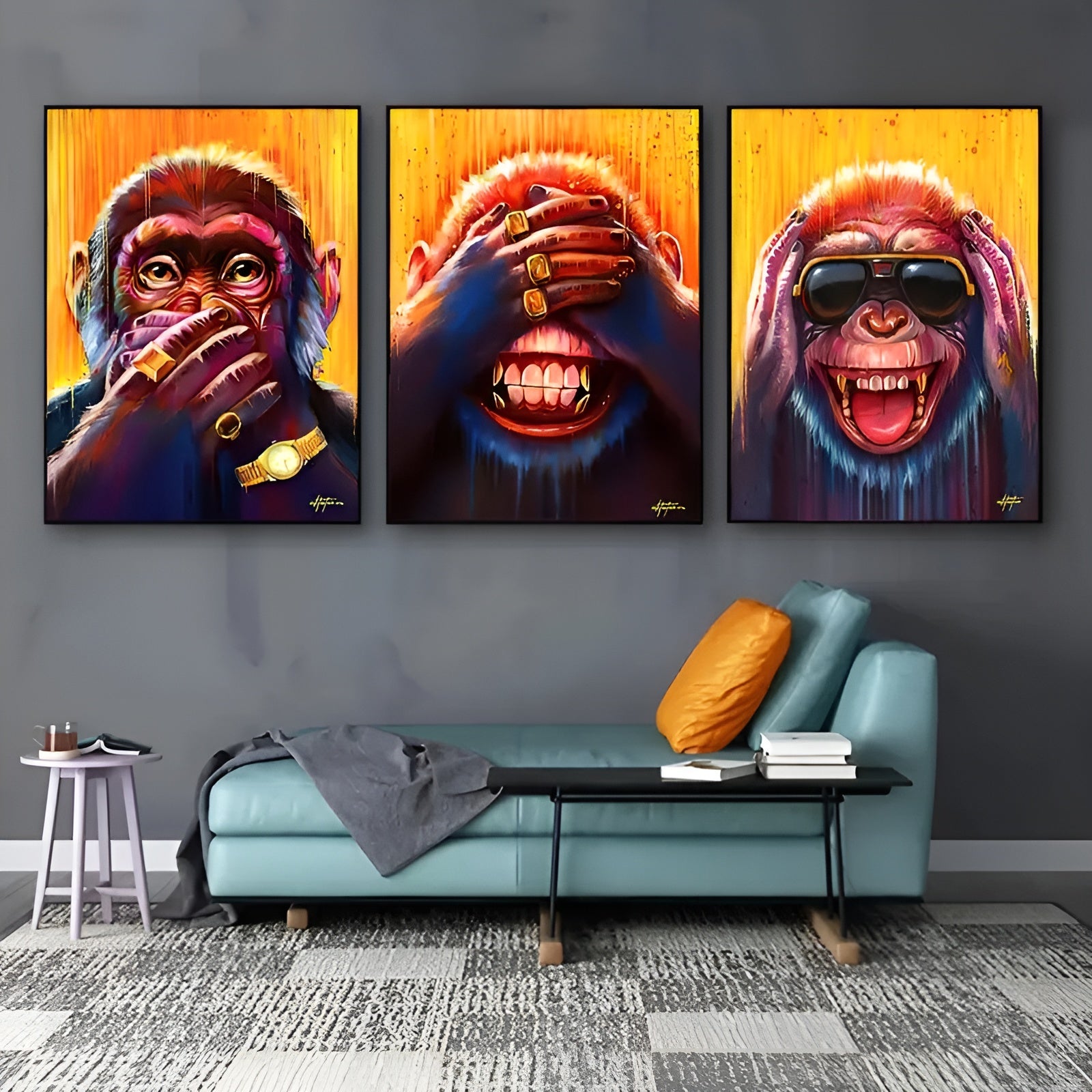 Three humorous monkey posters, modern animal art for home or office walls
