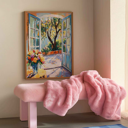 Monet-style courtyard art for peaceful room decoration, impressionist garden prints, and tranquil home decor.	