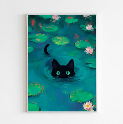 Monet’s swimming cat impressionist cat art print digital download for nature lovers
