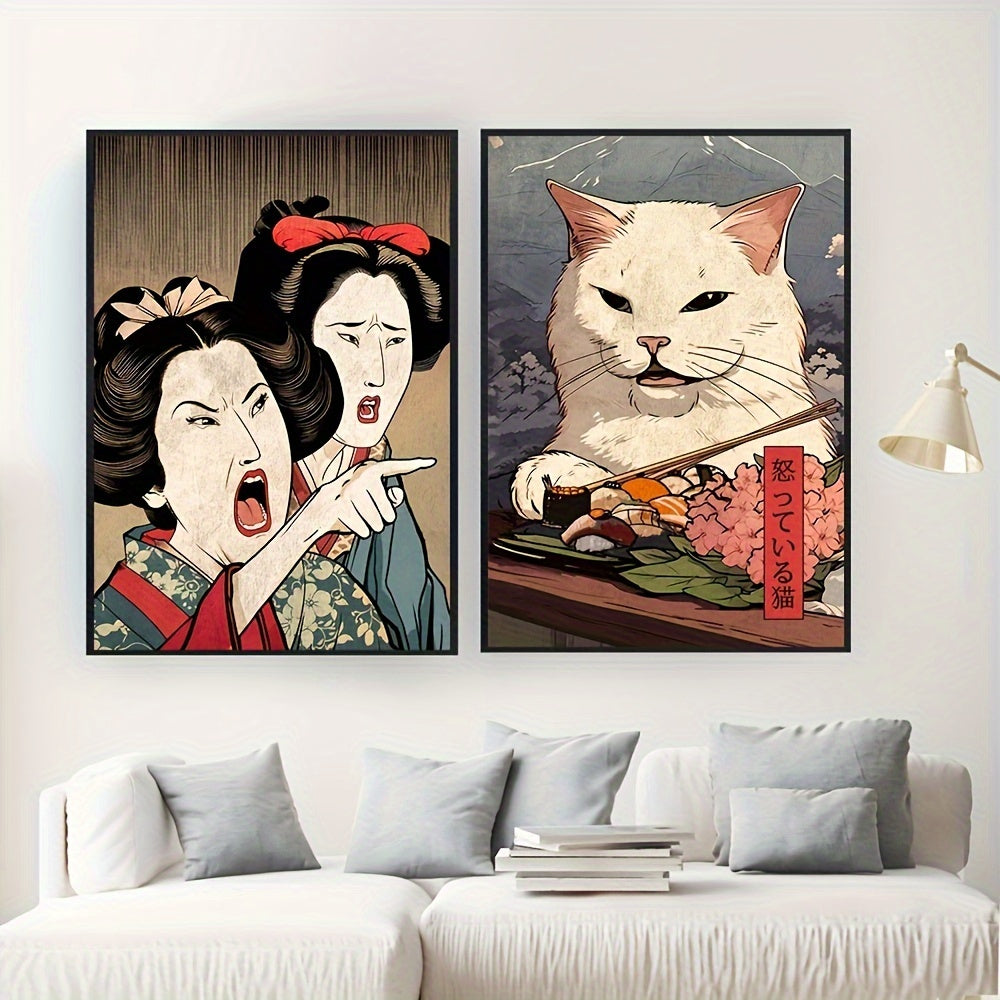 Japanese culture-inspired wall prints with women and cats design
