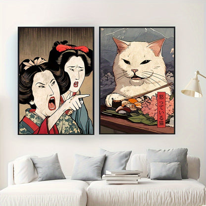 Japanese culture-inspired wall prints with women and cats design
