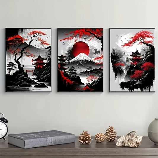 Three-piece Japanese natural landscape canvas paintings in black and red
