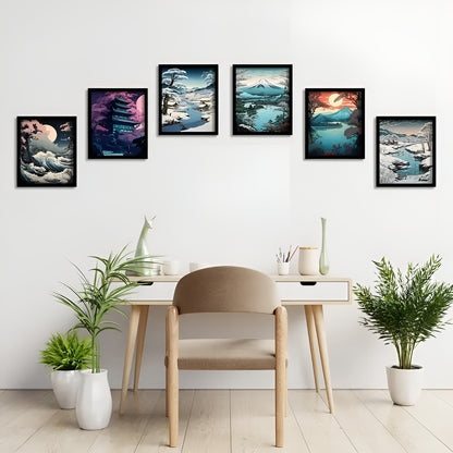 Set of 6 frameless Japanese landscape canvas prints for living room and bedroom
