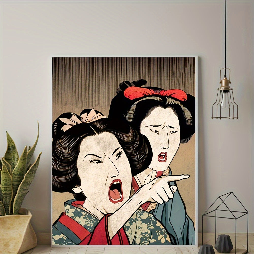 Elegant Japanese woman and cat abstract paintings for office decor
