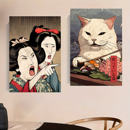 Japanese style abstract canvas paintings set of 2 featuring women and cats
