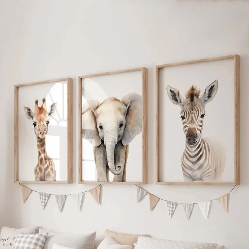 Cute safari-themed nursery wall decor with baby animal illustrations
