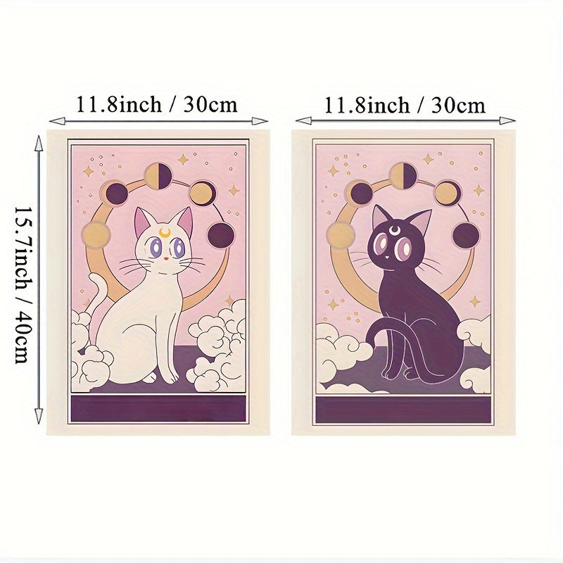 2pcs white and black cat anime poster set for kids’ room and nursery decor
